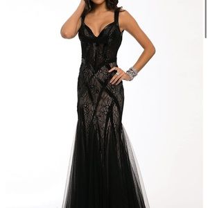 JOVANI PROM 21381 black nude mermaid lace dress